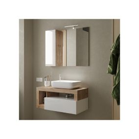 Meuble sous-vasque suspendu 110 cm Chêne naturel + vasque + miroir led - ISCHIA