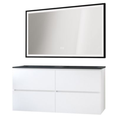 Meuble sous vasque suspendu 120 cm blanc mat avec plan double vasque noir et miroir, Ondee Trendy