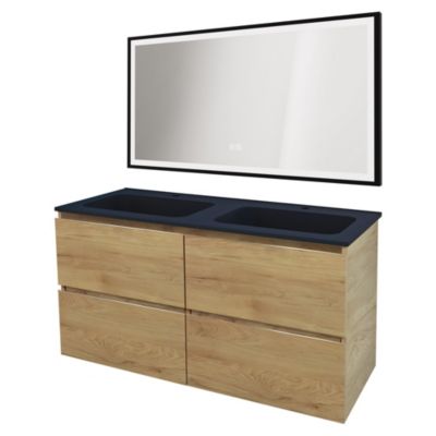 Meuble sous vasque suspendu 120 cm effet bois avec plan double vasque noir et miroir, Ondee Trendy