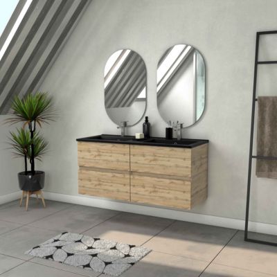 Meuble sous vasque suspendu 120 cm effet chêne industriel 4 tiroirs avec plan double vasque noir et 2 miroirs, Galedo Timber