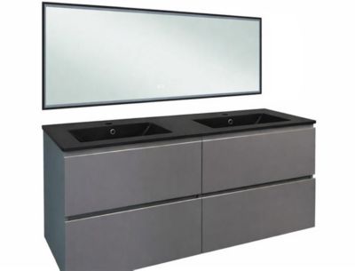 Meuble sous vasque suspendu 120 cm gris mat avec plan double vasque noir et miroir lumineux, Ondee Trendy