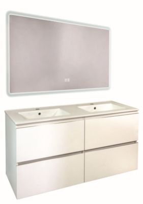 Meuble sous vasque suspendu 121,5 cm blanc mat avec plan double vasque et miroir lumineux, Ondee Trendy