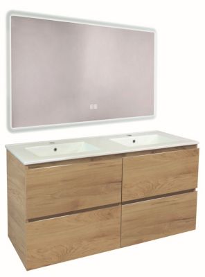 Meuble sous vasque suspendu 121,5 cm effet bois avec plan double vasque blanc et miroir lumineux, Ondee Trendy