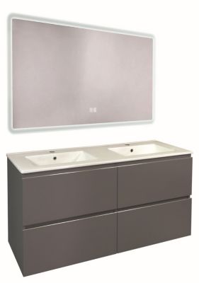 Meuble sous vasque suspendu 121,5 cm gris mat avec plan double vasque blanc et miroir LED, Ondee Trendy