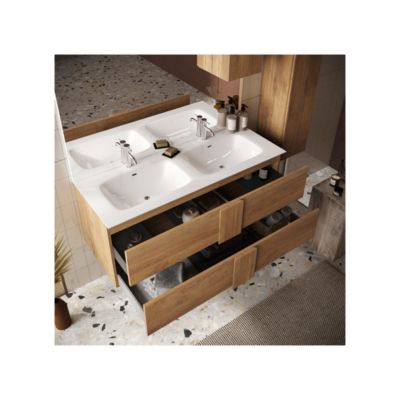 Meuble sous-vasque suspendu 122 cm Chêne noisette + vasque + miroir led - STARS