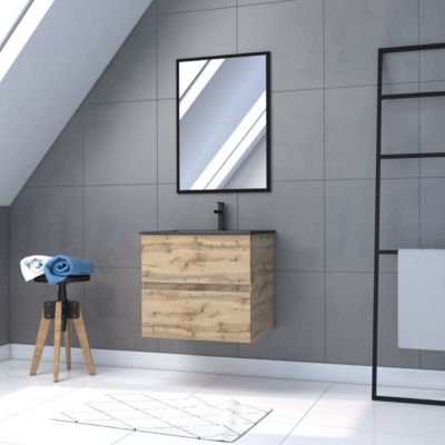 Meuble sous vasque suspendu 60 cm effet chêne industriel avec plan vasque noir et miroir, Galedo Timber