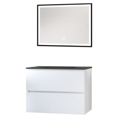 Meuble sous vasque suspendu 80 cm blanc mat avec plan vasque noir et miroir, Ondee Trendy