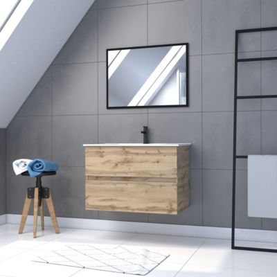 Meuble sous vasque suspendu 80 cm effet chêne industriel avec plan vasque blanc et miroir, Galedo Timber