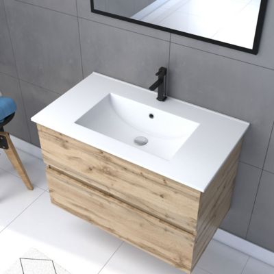 Meuble sous vasque suspendu 80 cm effet chêne industriel avec plan vasque blanc et miroir, Galedo Timber