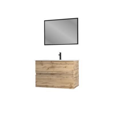 Meuble sous vasque suspendu 80 cm effet chêne industriel avec plan vasque blanc et miroir, Galedo Timber