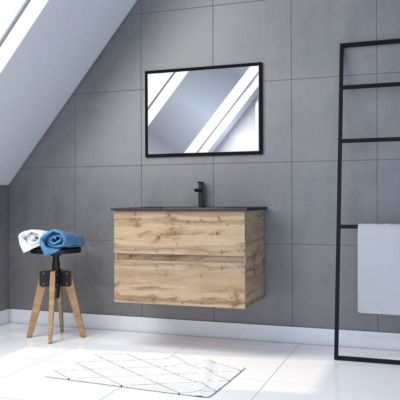 Meuble sous vasque suspendu 80 cm effet chêne industriel avec plan vasque noir et miroir, Galedo Timber