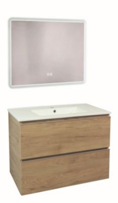Meuble sous vasque suspendu 81,5 cm effet bois avec plan vasque blanc et miroir lumineux, Ondee Trendy