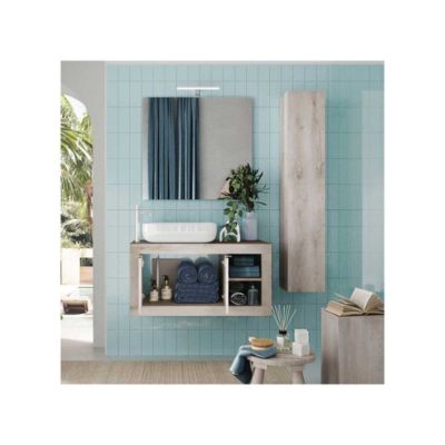 Meuble sous-vasque suspendu 92 cm Pin blanc + vasque + miroir led + colonne - LUBIO