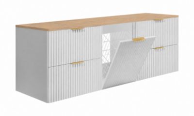 Meuble sous vasque suspendu avec panier à linge, blanc / plan chêne clair, poignées dorées, 160 x 46 x 57 cm
