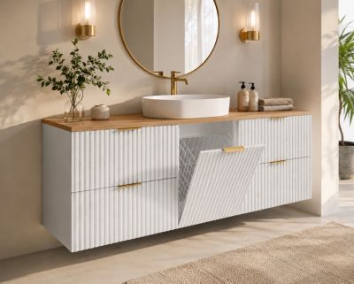 Meuble sous vasque suspendu avec panier à linge, blanc / plan chêne clair, poignées dorées, 160 x 46 x 57 cm