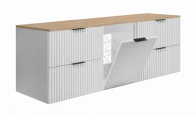 Meuble sous vasque suspendu avec panier à linge, blanc / plan chêne clair, poignées noires, 160 x 46 x 57 cm