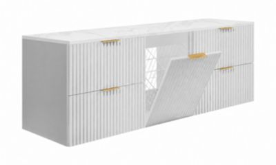 Meuble sous vasque suspendu avec panier à linge, blanc / plan marbre Bianco, poignées dorées, 160 x 46 x 57 cm