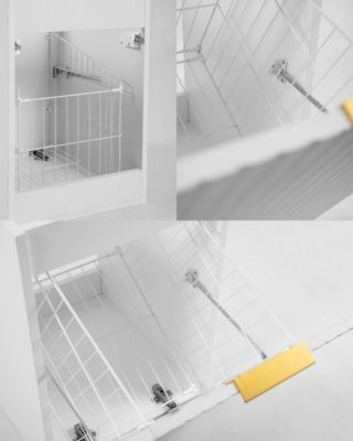 Meuble sous vasque suspendu avec panier à linge, blanc, poignées dorées, 160 x 46 x 57 cm