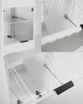 Meuble sous vasque suspendu avec panier à linge, blanc, poignées noires, 160 x 46 x 57 cm