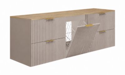 Meuble sous vasque suspendu avec panier à linge, cachemire / plan chêne clair, poignées dorées, 160 x 46 x 57 cm