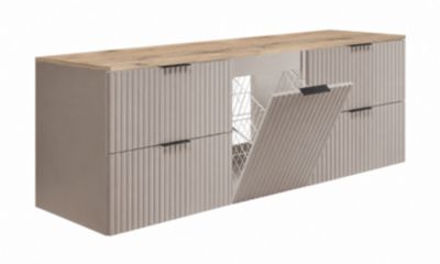 Meuble sous vasque suspendu avec panier à linge, cachemire / plan chêne clair, poignées noires, 160 x 46 x 57 cm