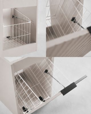 Meuble sous vasque suspendu avec panier à linge, cachemire / plan chêne clair, poignées noires, 160 x 46 x 57 cm