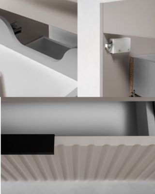Meuble sous vasque suspendu avec panier à linge, cachemire / plan chêne clair, poignées noires, 160 x 46 x 57 cm
