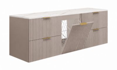 Meuble sous vasque suspendu avec panier à linge, cachemire / plan marbre Bianco, poignées dorées, 160 x 46 x 57 cm