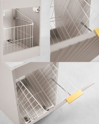 Meuble sous vasque suspendu avec panier à linge, cachemire / plan marbre Bianco, poignées dorées, 160 x 46 x 57 cm