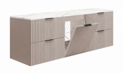 Meuble sous vasque suspendu avec panier à linge, cachemire / plan marbre Bianco, poignées noires, 160 x 46 x 57 cm
