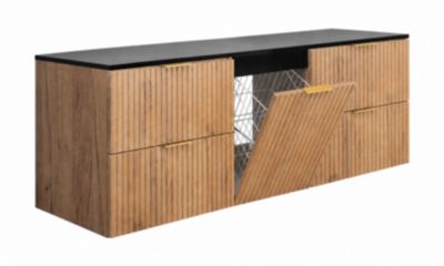 Meuble sous vasque suspendu avec panier à linge, chêne Craft / plan noir, poignées dorées, 160 x 46 x 57 cm