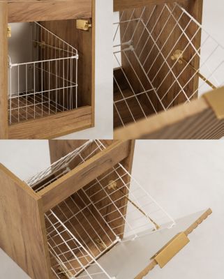 Meuble sous vasque suspendu avec panier à linge, chêne Craft / plan noir, poignées dorées, 160 x 46 x 57 cm