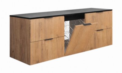 Meuble sous vasque suspendu avec panier à linge, chêne Craft / plan noir, poignées noires, 160 x 46 x 57 cm