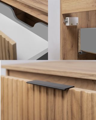 Meuble sous vasque suspendu avec panier à linge, chêne Craft / plan noir, poignées noires, 160 x 46 x 57 cm