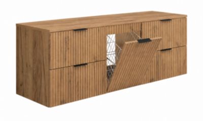 Meuble sous vasque suspendu avec panier à linge, chêne Craft, poignées noires, 160 x 46 x 57 cm