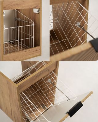 Meuble sous vasque suspendu avec panier à linge, chêne Craft, poignées noires, 160 x 46 x 57 cm