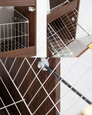 Meuble sous vasque suspendu avec panier à linge, chêne noyer, poignées dorées, 160 x 46 x 57 cm