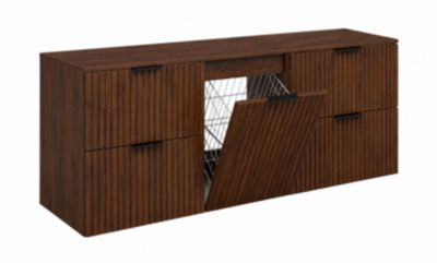 Meuble sous vasque suspendu avec panier à linge, chêne noyer, poignées noires, 160 x 46 x 57 cm