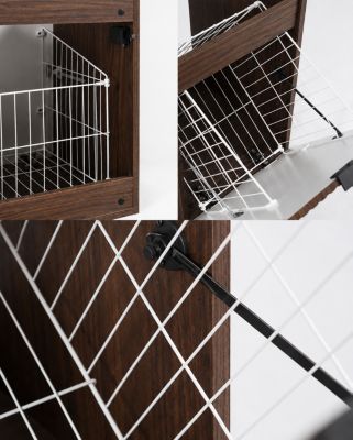 Meuble sous vasque suspendu avec panier à linge, chêne noyer, poignées noires, 160 x 46 x 57 cm