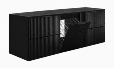 Meuble sous vasque suspendu avec panier à linge, noir / plan marbre Black Royal, poignées noires, 160 x 46 x 57 cm