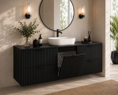 Meuble sous vasque suspendu avec panier à linge, noir / plan marbre Black Royal, poignées noires, 160 x 46 x 57 cm