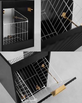 Meuble sous vasque suspendu avec panier à linge, noir, poignées dorées, 160 x 46 x 57 cm