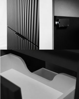 Meuble sous vasque suspendu avec panier à linge, noir, poignées noires, 160 x 46 x 57 cm