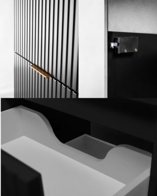 Meuble sous vasque suspendu avec panier à linge, noir, poignées noires, 160 x 46 x 57 cm