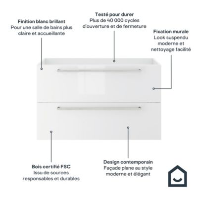 Meuble sous vasque suspendu blanc brillant 2 tiroirs l.100 x H.60 x P.45 cm GoodHome Imandra