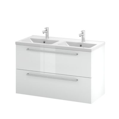 Meuble sous vasque suspendu blanc brillant l.100 cm 2 tiroirs Imandra + plan double vasque blanc céramique Nira, GoodHome