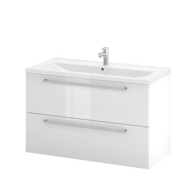 Meuble sous vasque suspendu blanc brillant l.100 cm 2 tiroirs Imandra + plan vasque blanc céramique Nira, GoodHome
