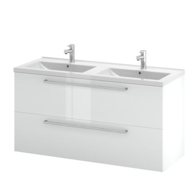 Meuble sous vasque suspendu blanc brillant l.120 cm 2 tiroirs Imandra + plan double vasque blanc céramique Nira, GoodHome