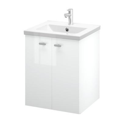 Meuble sous vasque suspendu blanc brillant l.50 cm 2 portes Imandra + plan vasque blanc céramique Nira, GoodHome