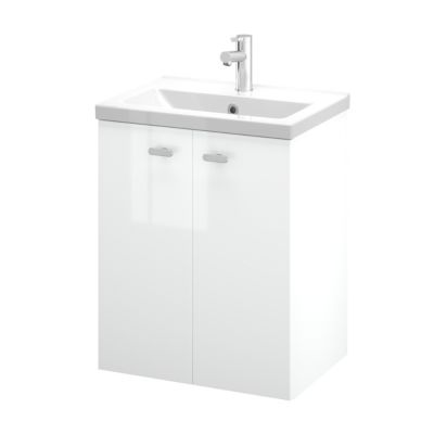 Meuble sous vasque suspendu blanc brillant l.50 cm 2 portes Imandra + plan vasque faible profondeur blanc céramique Nira, GoodHome